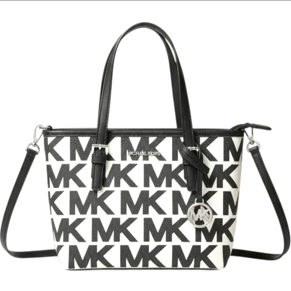 Michael Kors Handbags - MICHAEL KORS XS Jet Set Travel Black & White MK Logo Zip Tote Bag